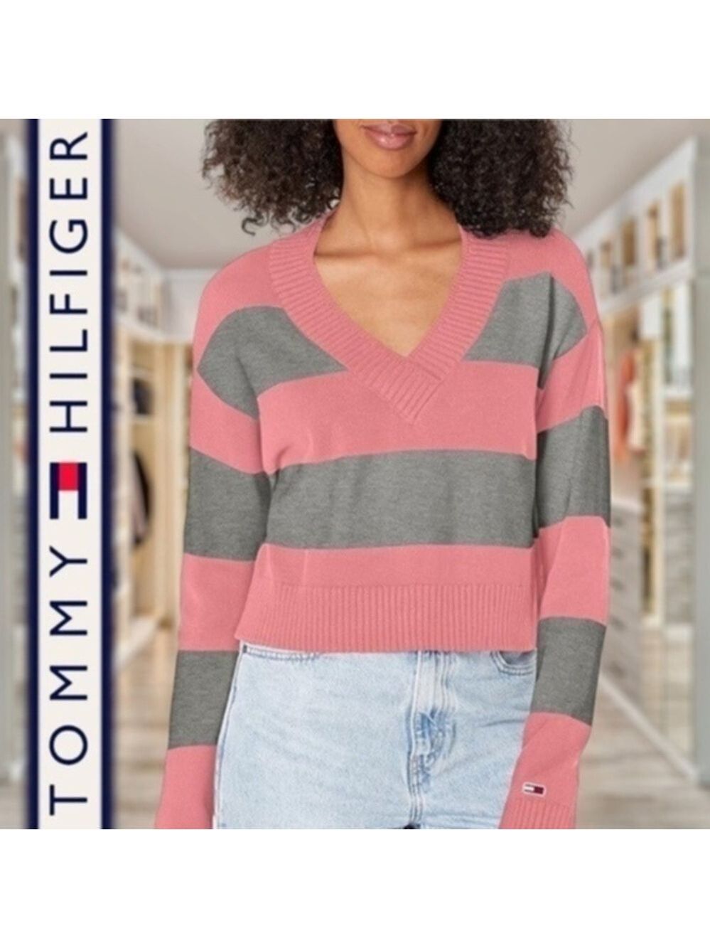 TOMMY JEANS Striped V-Neck Cropped Varsity Sweater  NWT Size LG